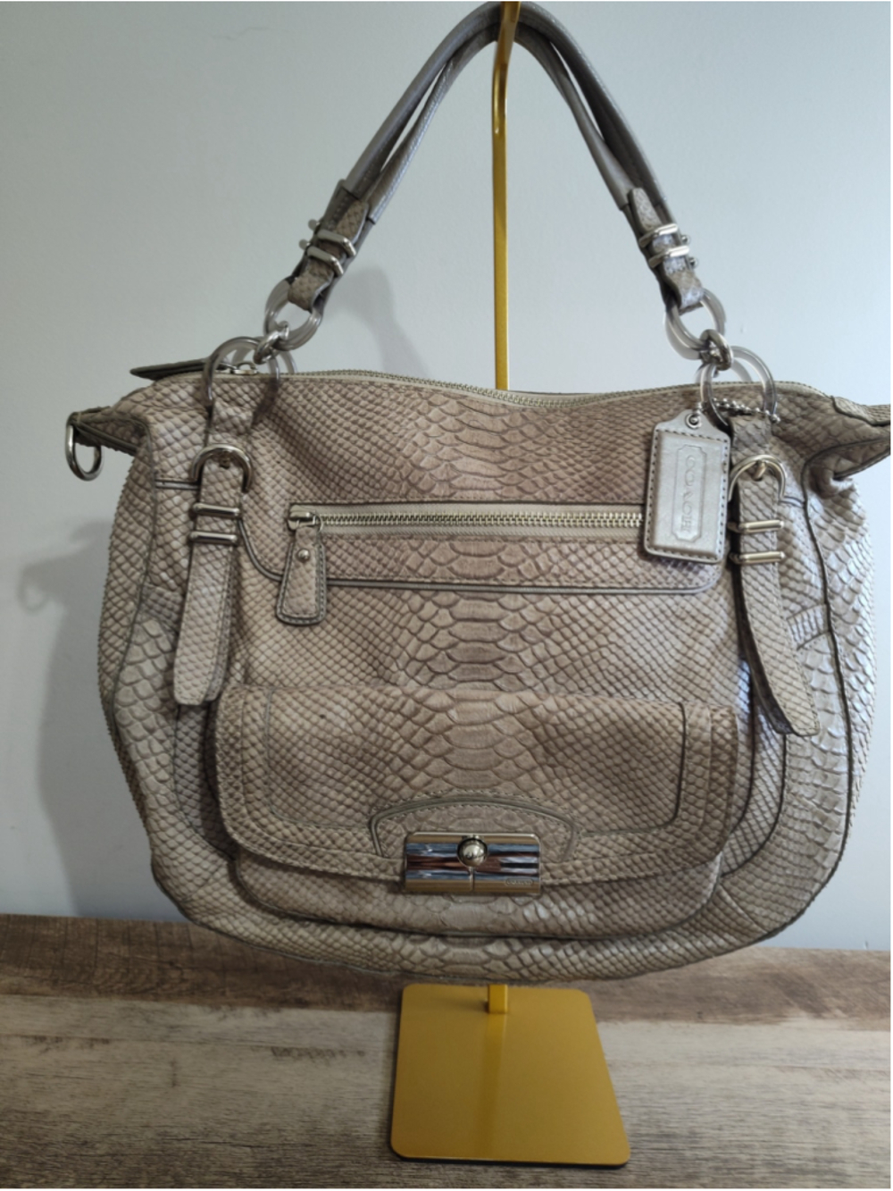 Women's Coach Snakeskin Print Shoulder Bag, One Size, Silvery Taupe